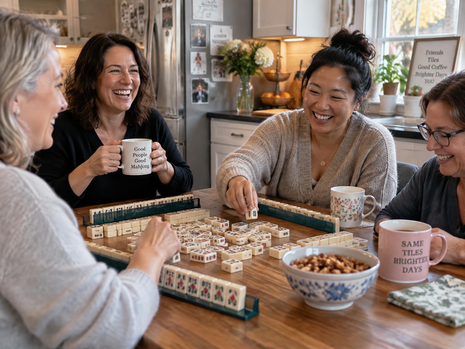 An elegantly styled mahjong table with tiles, peonies, and a candle