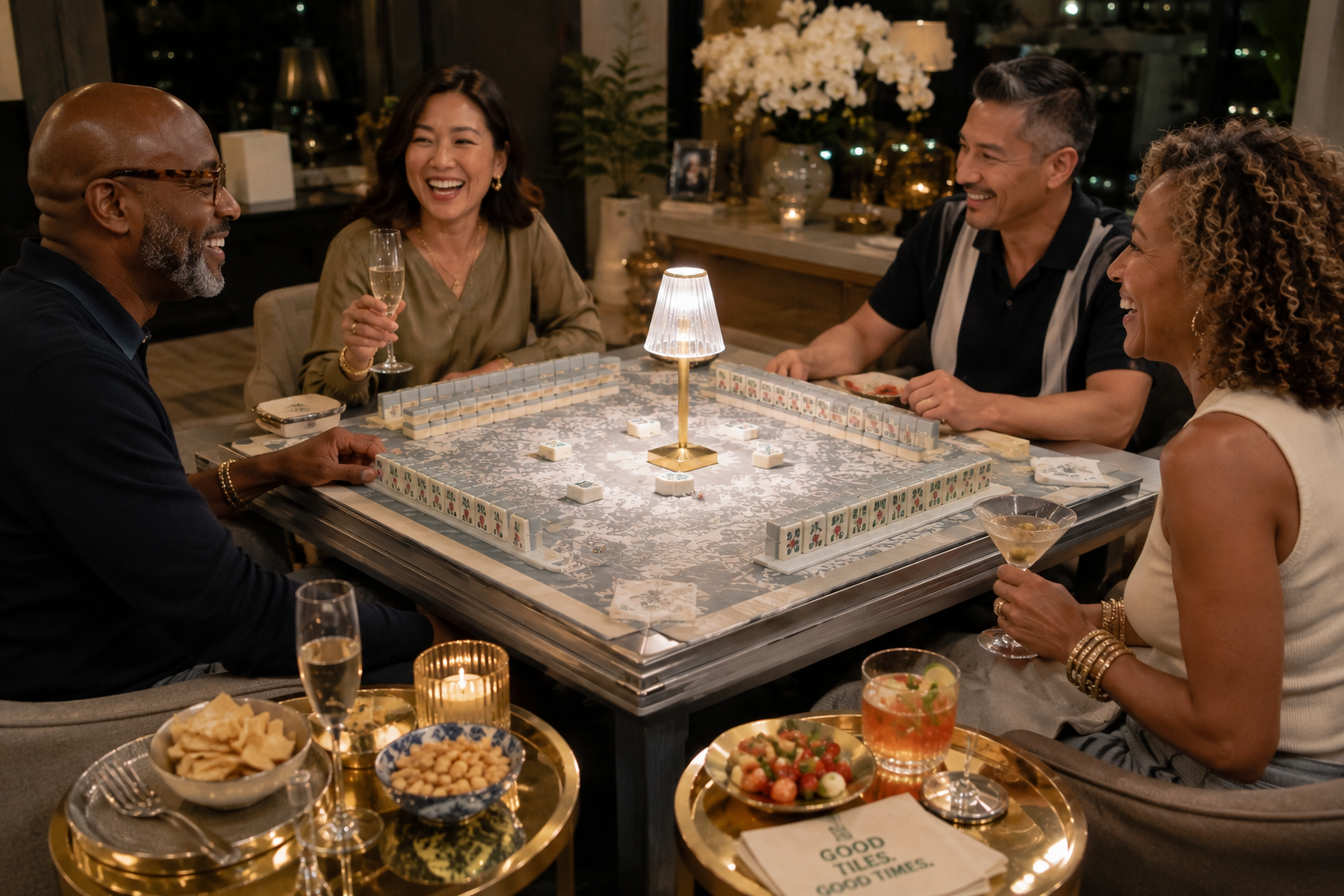 A beautifully arranged mahjong table with tiles, racks, and game accessories