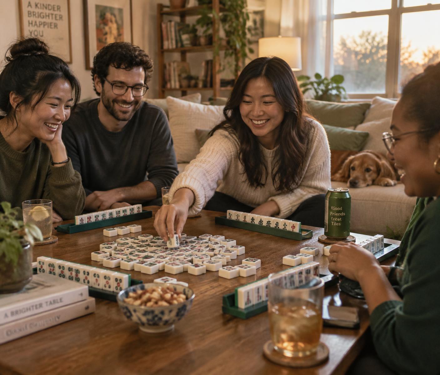 Friends laughing and playing mahjong around a cozy coffee table