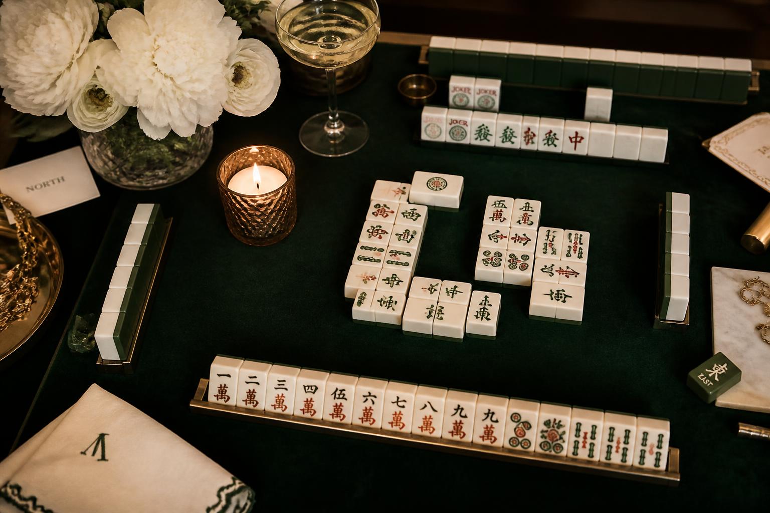 An elegantly styled mahjong table with tiles, peonies, and a candle